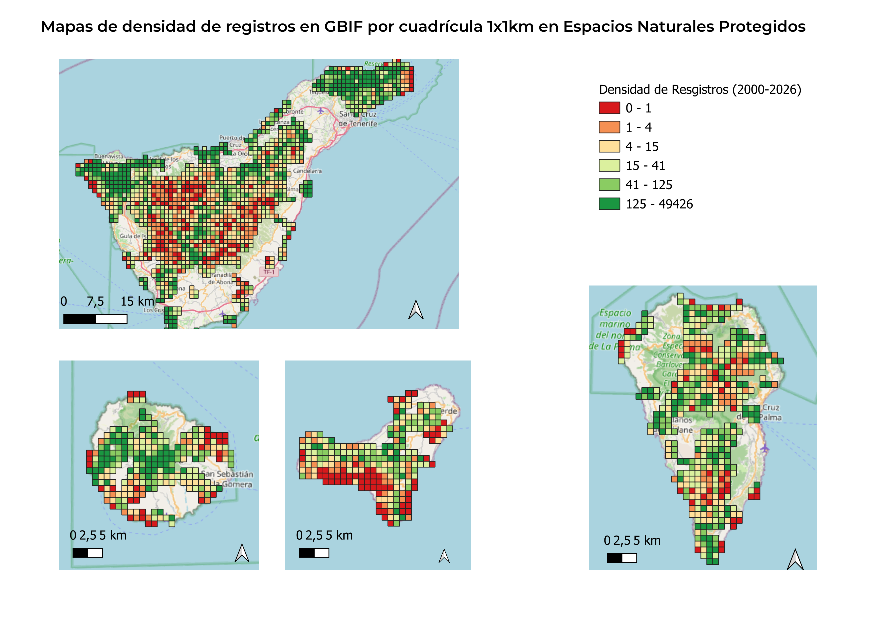 Mapas de densidad de registros en GBIF por cuadrícula 1x1km en Espacios Naturales Protegidos